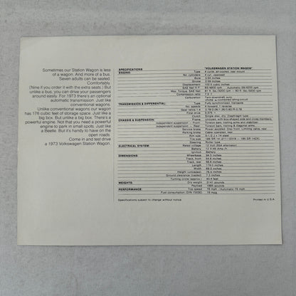 1973 Volkswagen VW Station Wagon Bus Van Sales Brochure Vintage Advertising