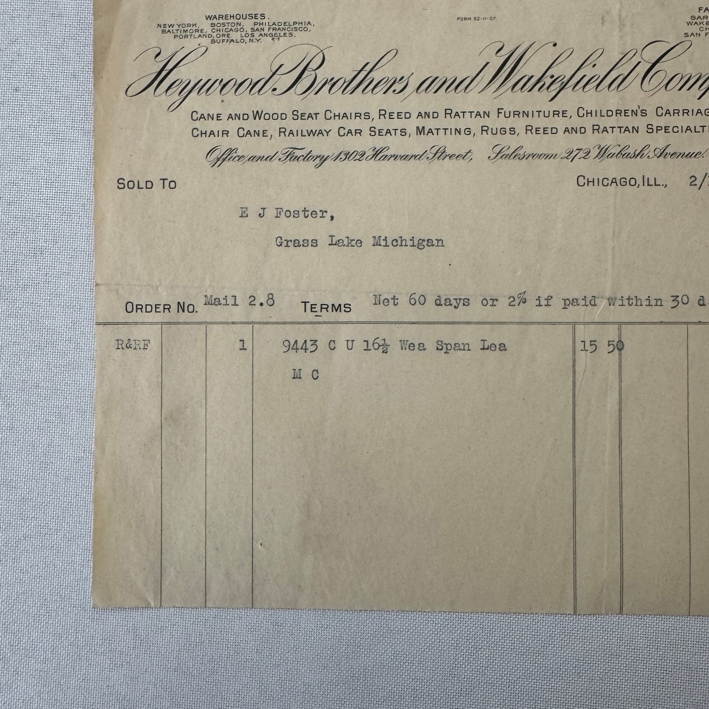 Heywood Brothers and Wakefield Receipt Invoice Document Letterhead 1908 Chicago