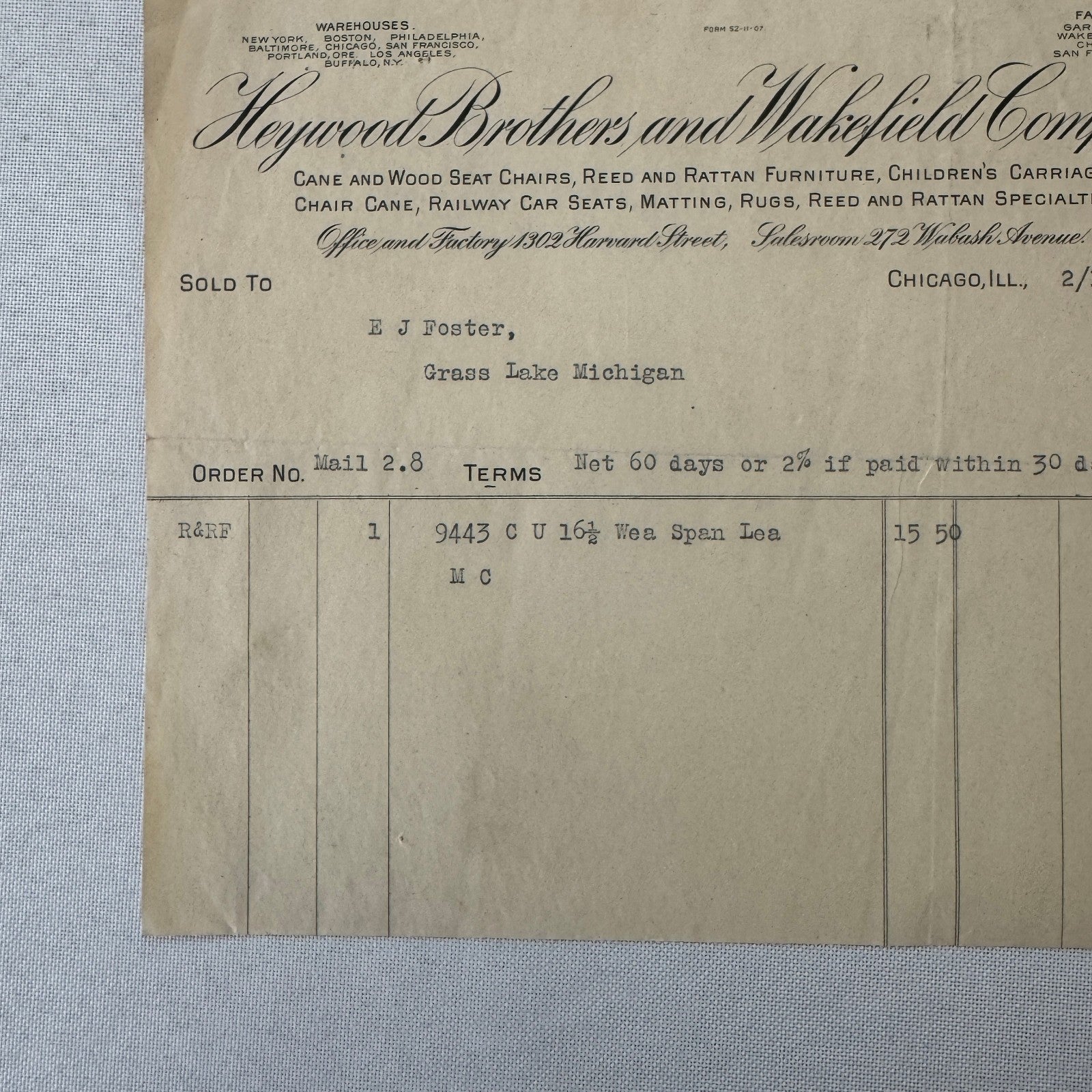 Heywood Brothers and Wakefield Receipt Invoice Document Letterhead 1908 Chicago