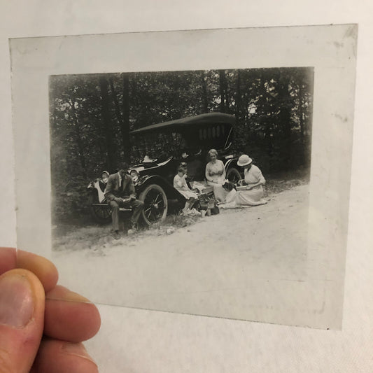 Antique Glass Plate Lantern Slide Photo Car Automobile People Picnic