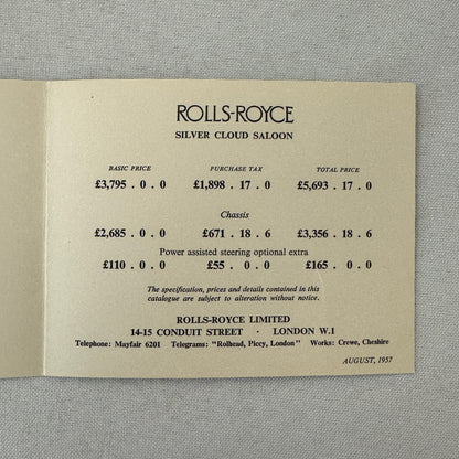1957 Rolls Royce Price List Card Brochure UK Market