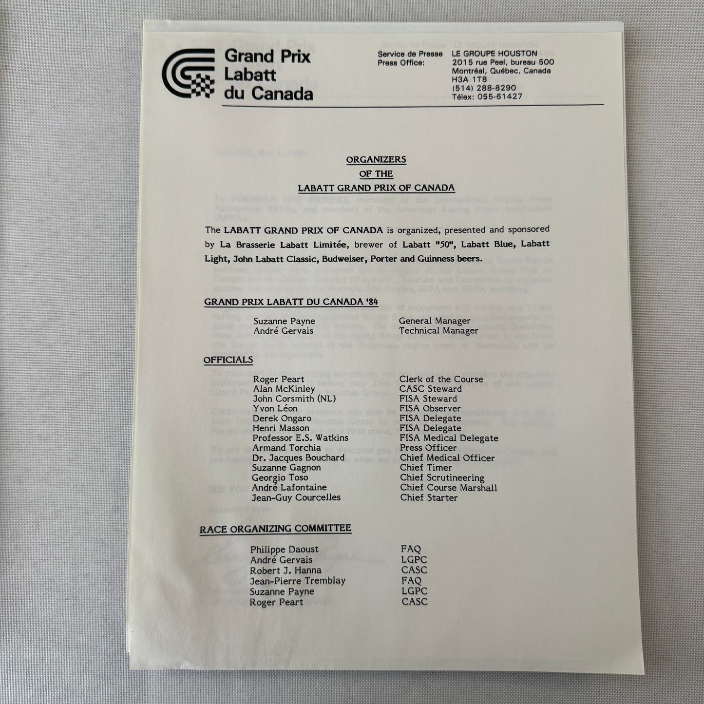 1984 Labatt Montreal Canadian Grand Prix F1 Formula One Press Kit Brochure