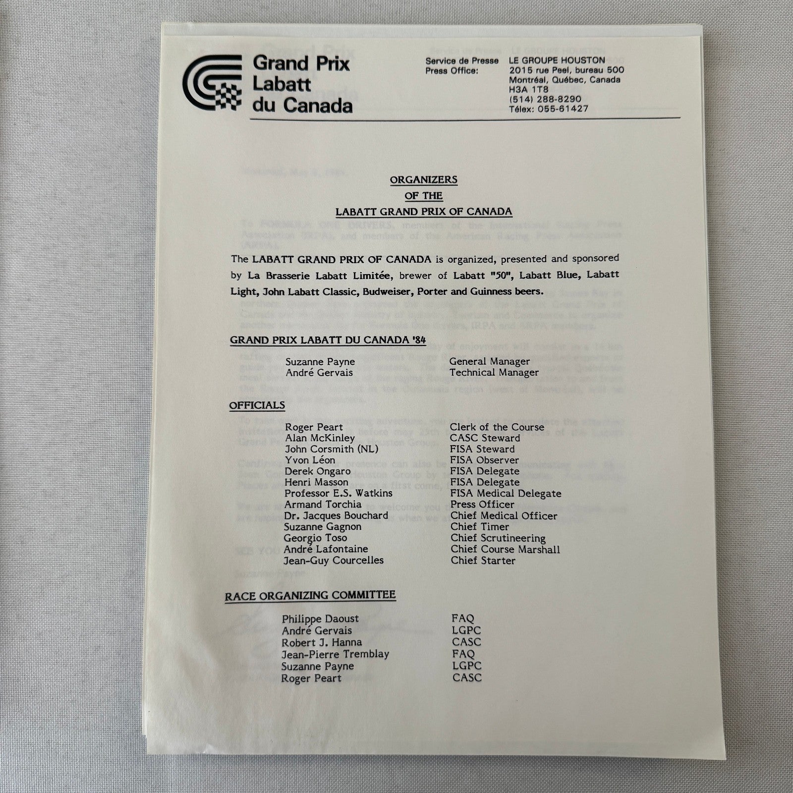 1984 Labatt Montreal Canadian Grand Prix F1 Formula One Press Kit Brochure