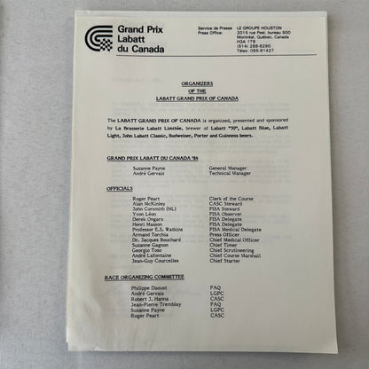 1984 Labatt Montreal Canadian Grand Prix F1 Formula One Press Kit Brochure