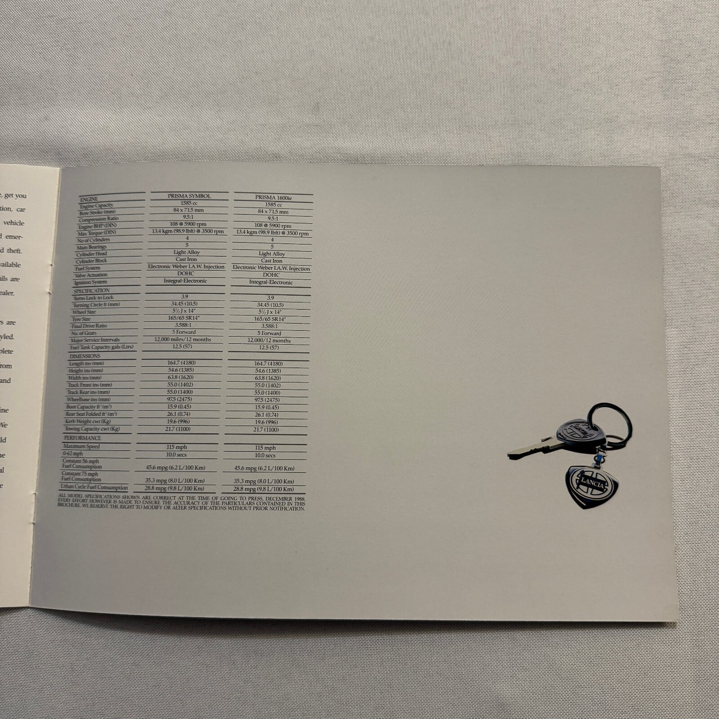 Lancia Prisma Car Sales Brochure Catalog Advertising Prisma Symbol 1600ie