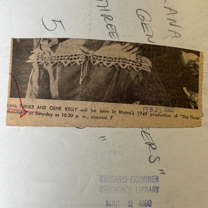 Vintage Movie Press Photo Photograph Three Musketeers Lana Turner Gene Kelly