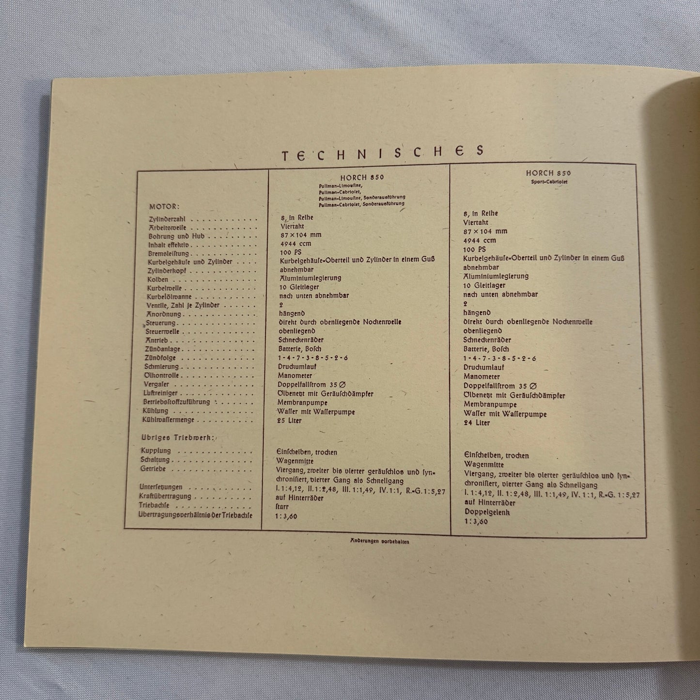 Auto Union Horch 850 Car Sales Brochure Catalog GERMAN Sports Cabriolet +