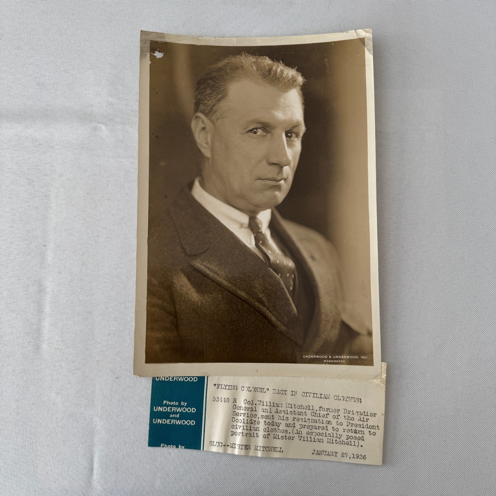 Army Brigadier General Colonel William Mitchell Underwood Press Photo 1926