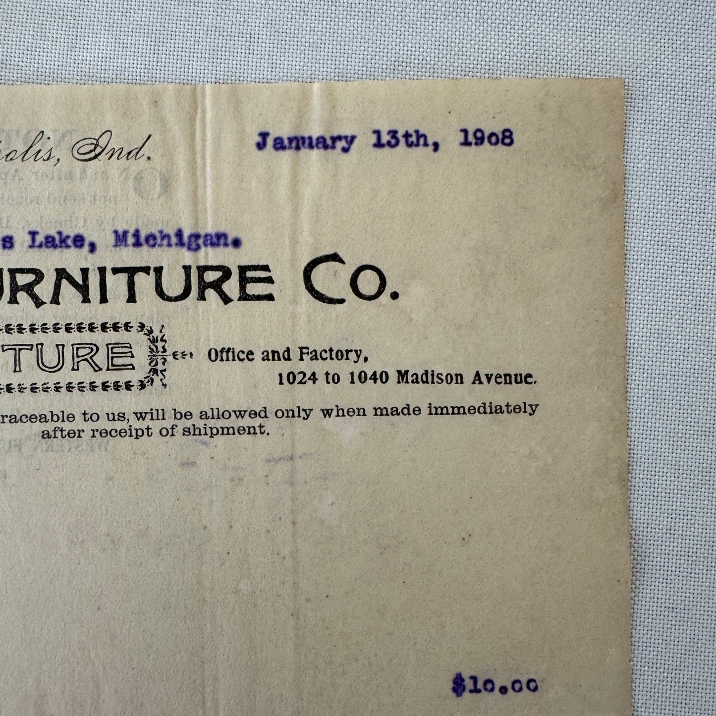 Western Furniture Company Receipt Invoice Document Letterhead 1908 Indianapolis
