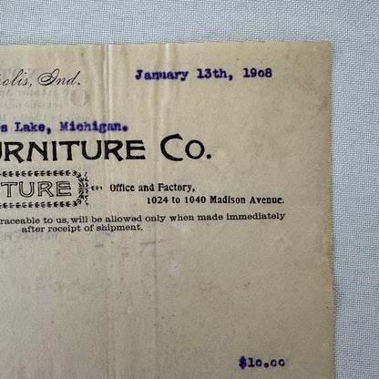 Western Furniture Company Receipt Invoice Document Letterhead 1908 Indianapolis