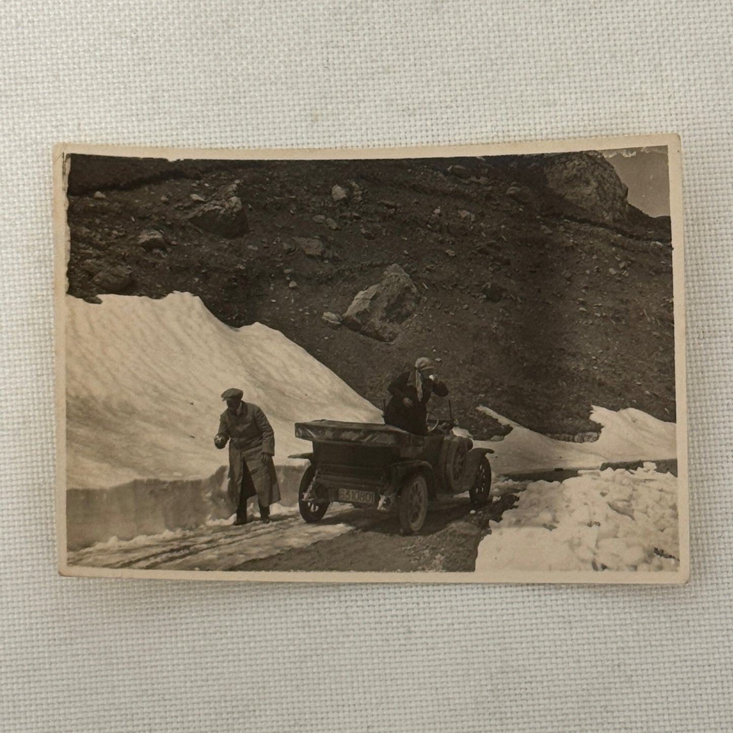 Vintage Photo Photograph Print People in Early Automobile Car Mountain Snow