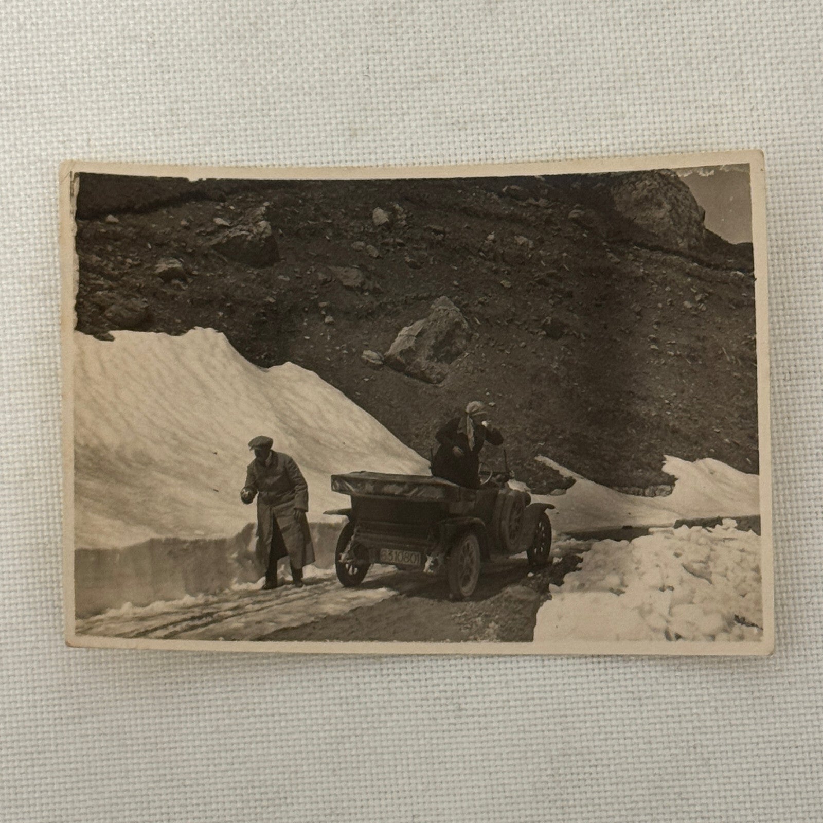Vintage Photo Photograph Print People in Early Automobile Car Mountain Snow