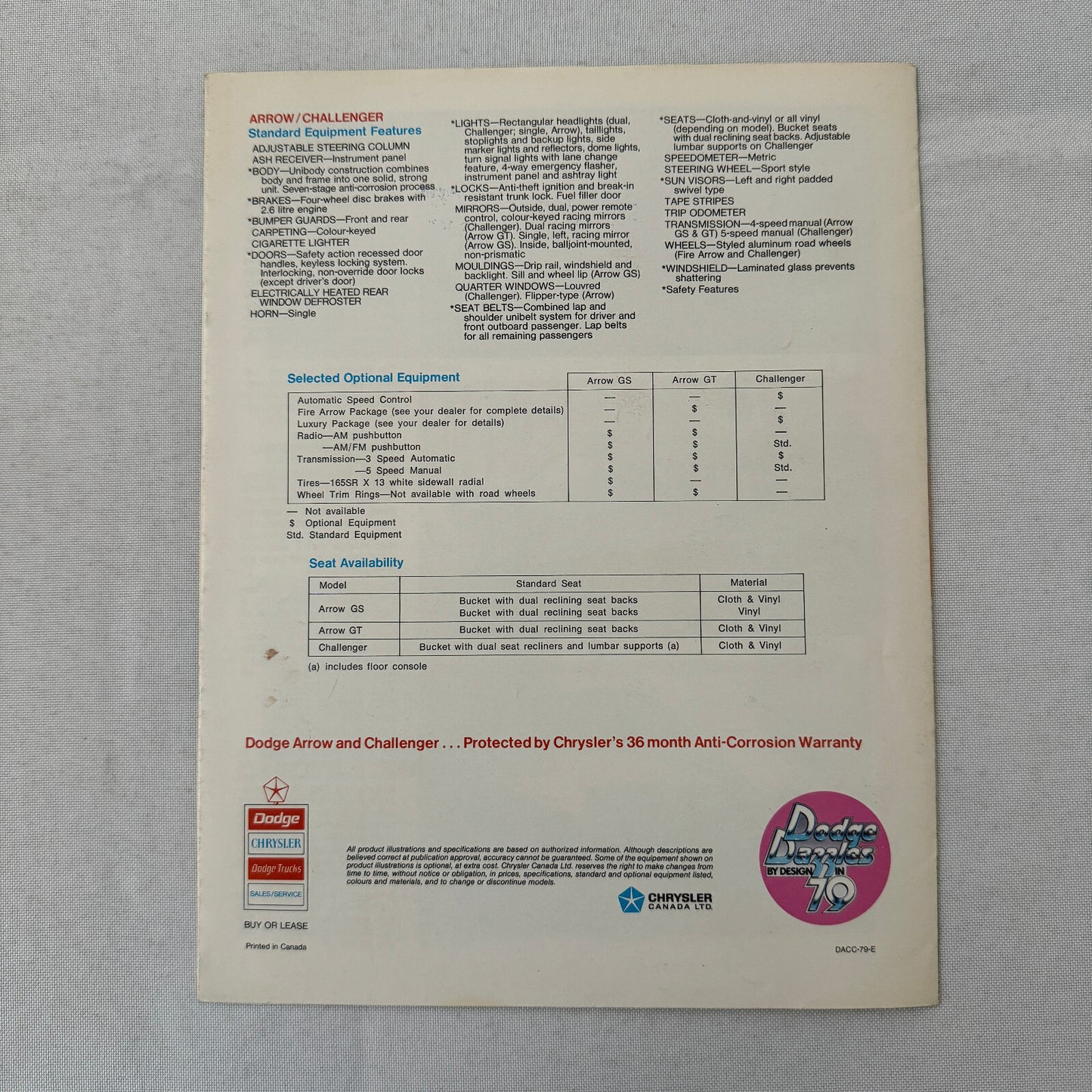 1979 Dodge Challenger and Dodge Arrow Sales Brochure Catalog