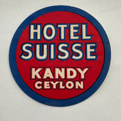 Vintage Travel Luggage Label Hotel Suisse Kandy Ceylon Sri Lanka