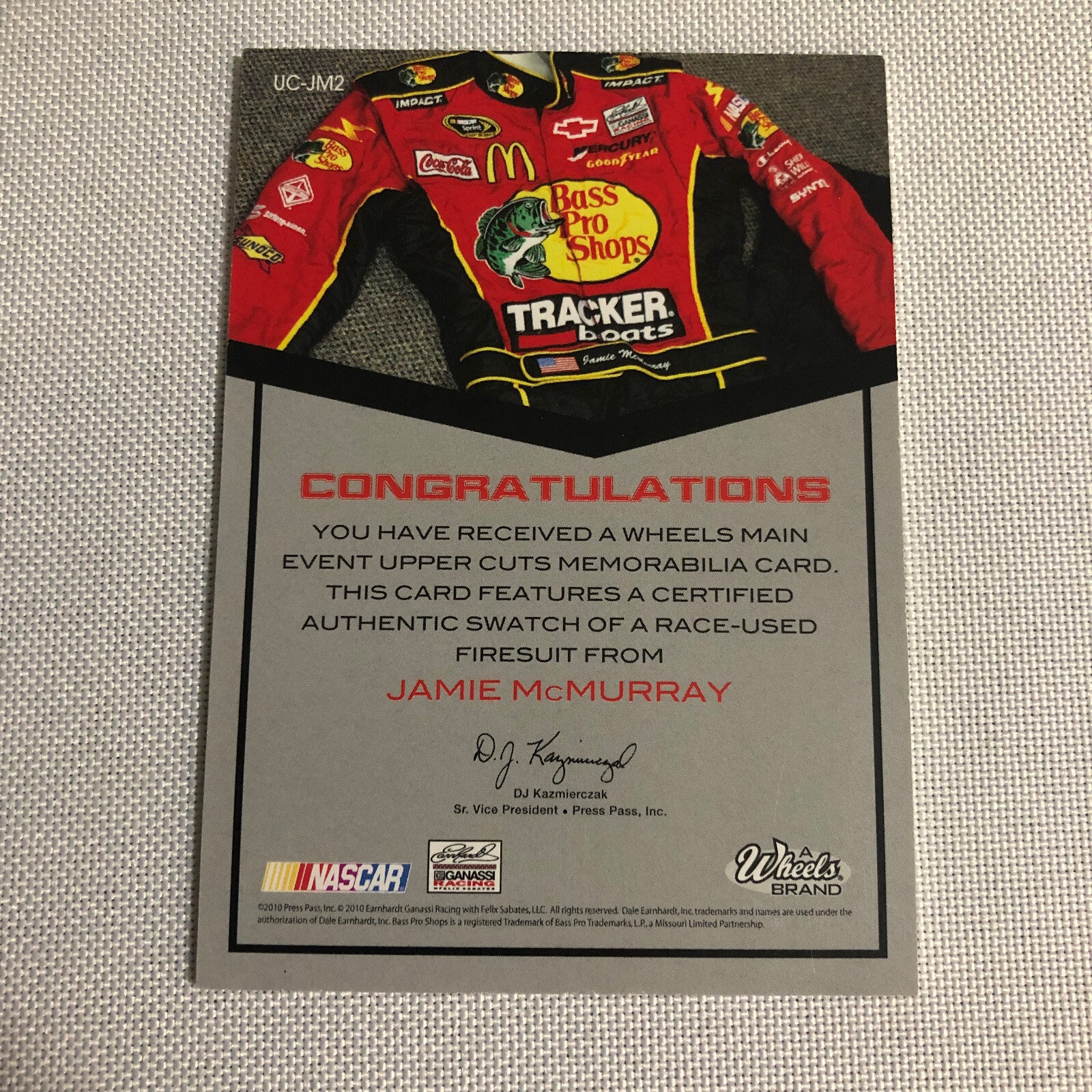 2010 Wheels Uppercuts Jamie McMurray Firesuit Relic Card /75 NASCAR
