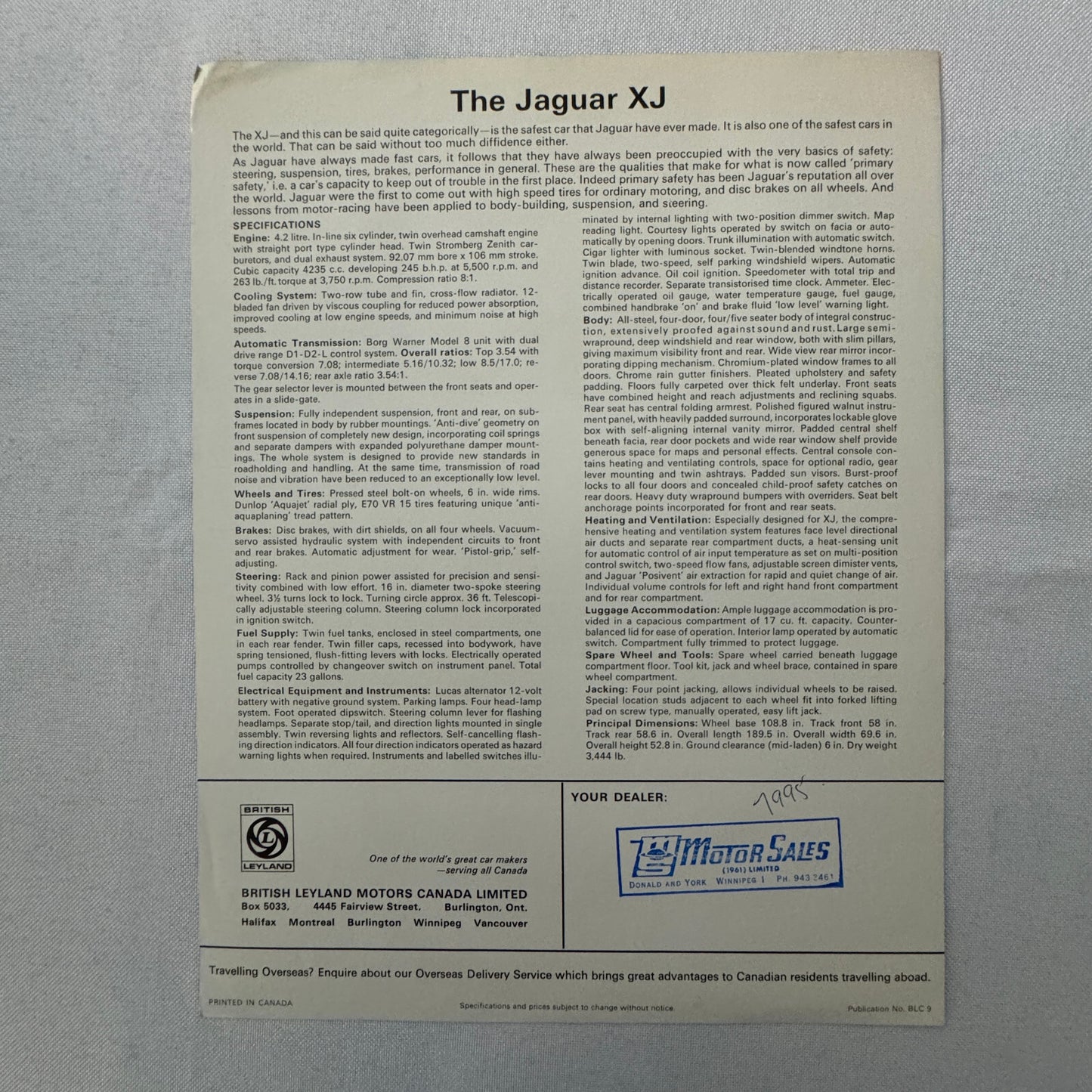 Vintage Jaguar XJ Car Sales Brochure Catalog Advertising