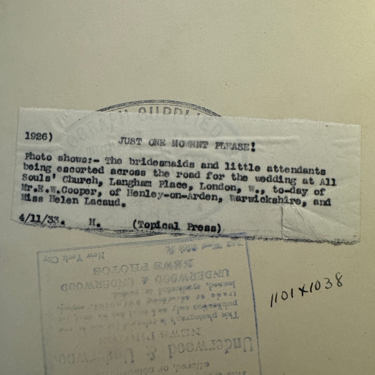 1933 Wedding Press Photo Photograph British Underwood & Underwood Topical Press