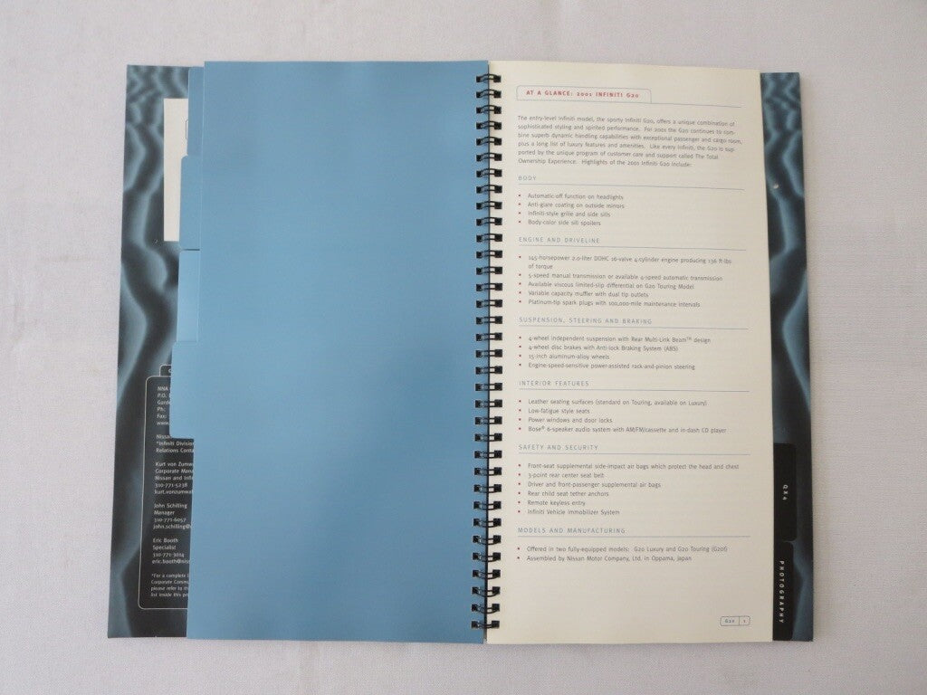 2001 Infiniti Press Kit Brochure Catalog Q45 G20 QX4 I30 