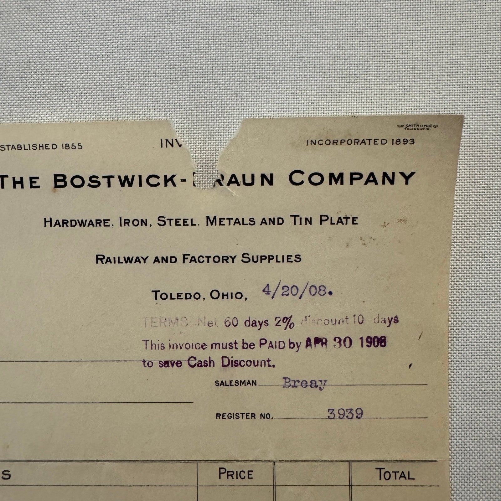 Bostwick Braun Company Document 1908 Antique Invoice Receipt Ephemera Toledo OH