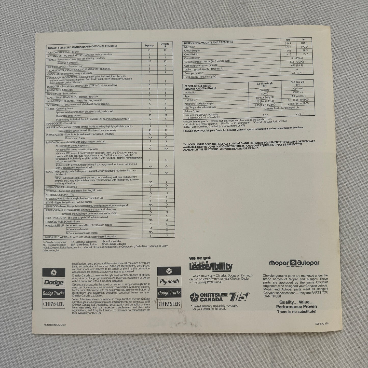 1988 Chrysler Dynasty Car Sales Brochure Catalog Advertising