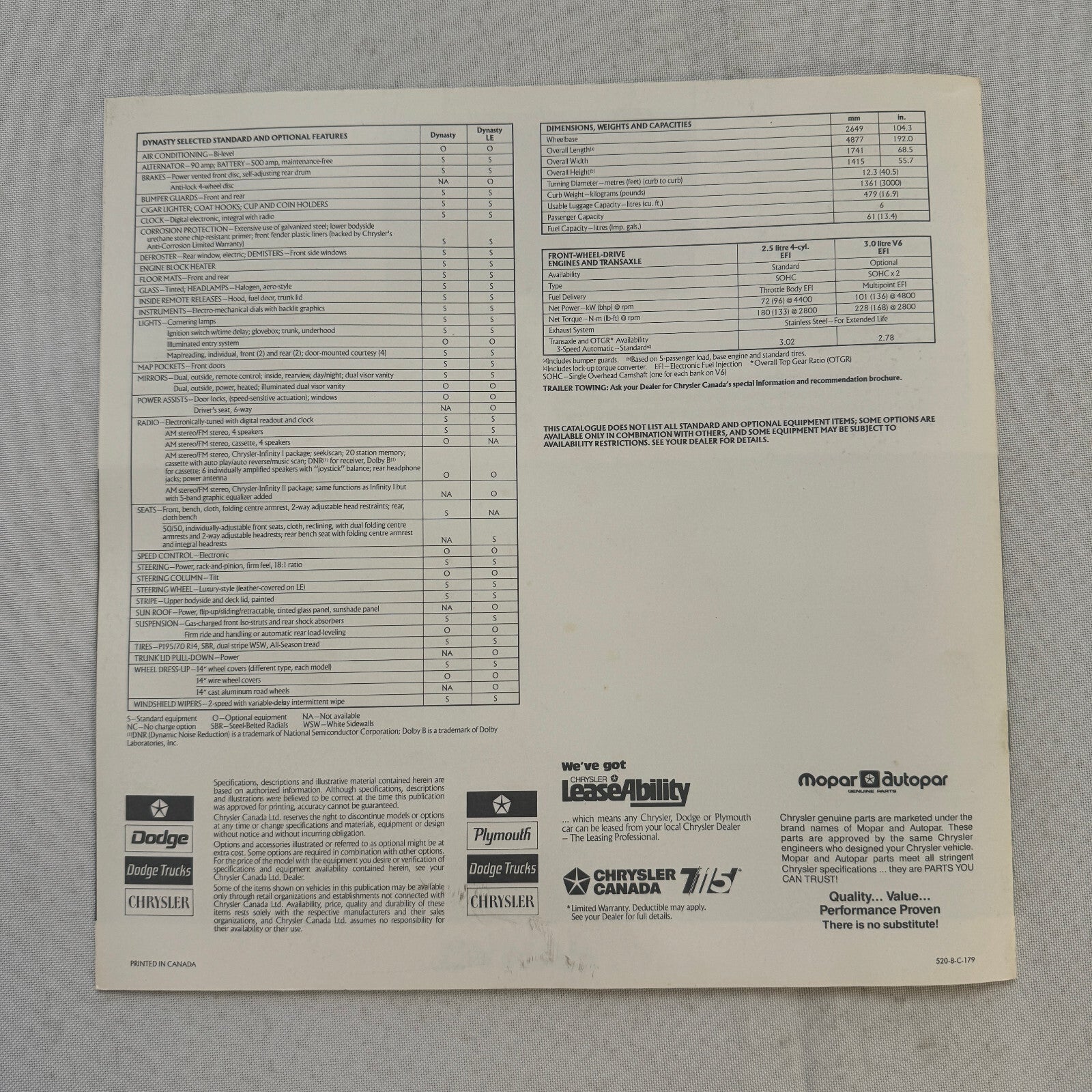 1988 Chrysler Dynasty Car Sales Brochure Catalog Advertising