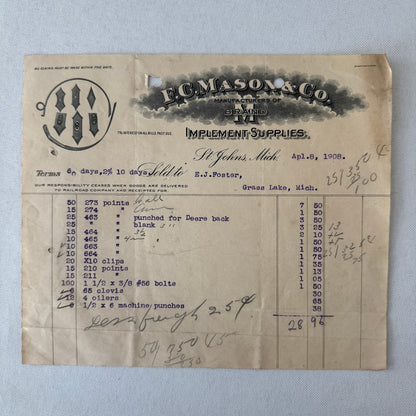 FC Mason Company M Brand Implement Invoice Receipt Document Letterhead 1908 Lot