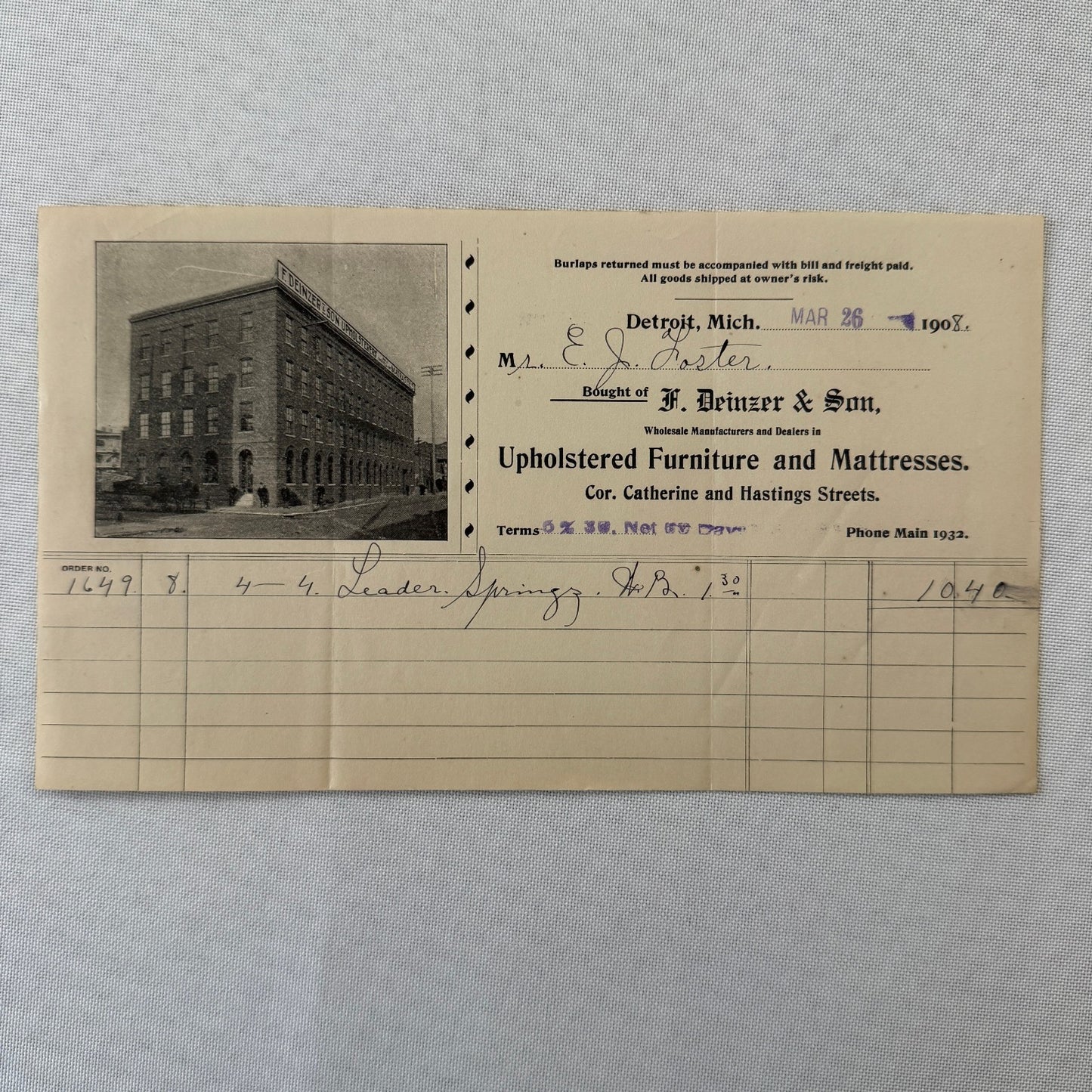 F Deinzer and Son Furniture Mattresses Invoice Receipt Document Lot 4x Detroit