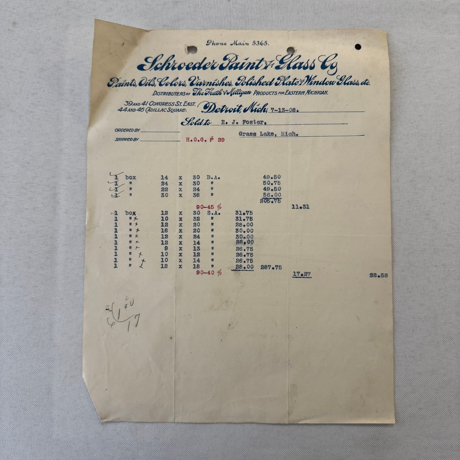 Schroeder Paint & Glass Company Detroit Michigan 1908 Receipt Document Lot 5x