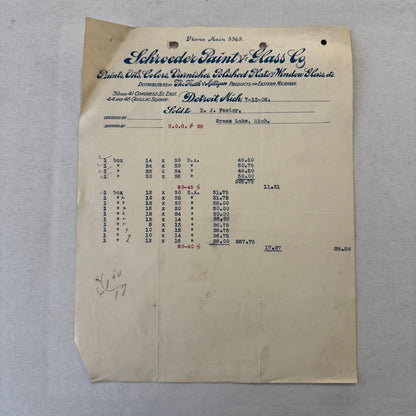 Schroeder Paint & Glass Company Detroit Michigan 1908 Receipt Document Lot 5x