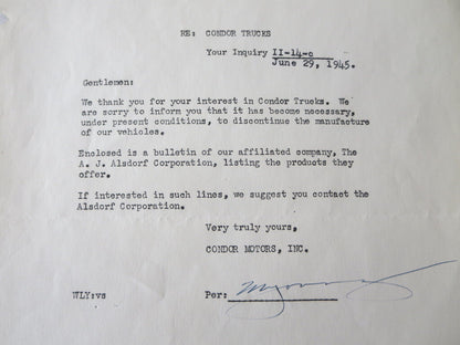 1945 Condor Motors Letter Dealership Truck Company Letterhead Document