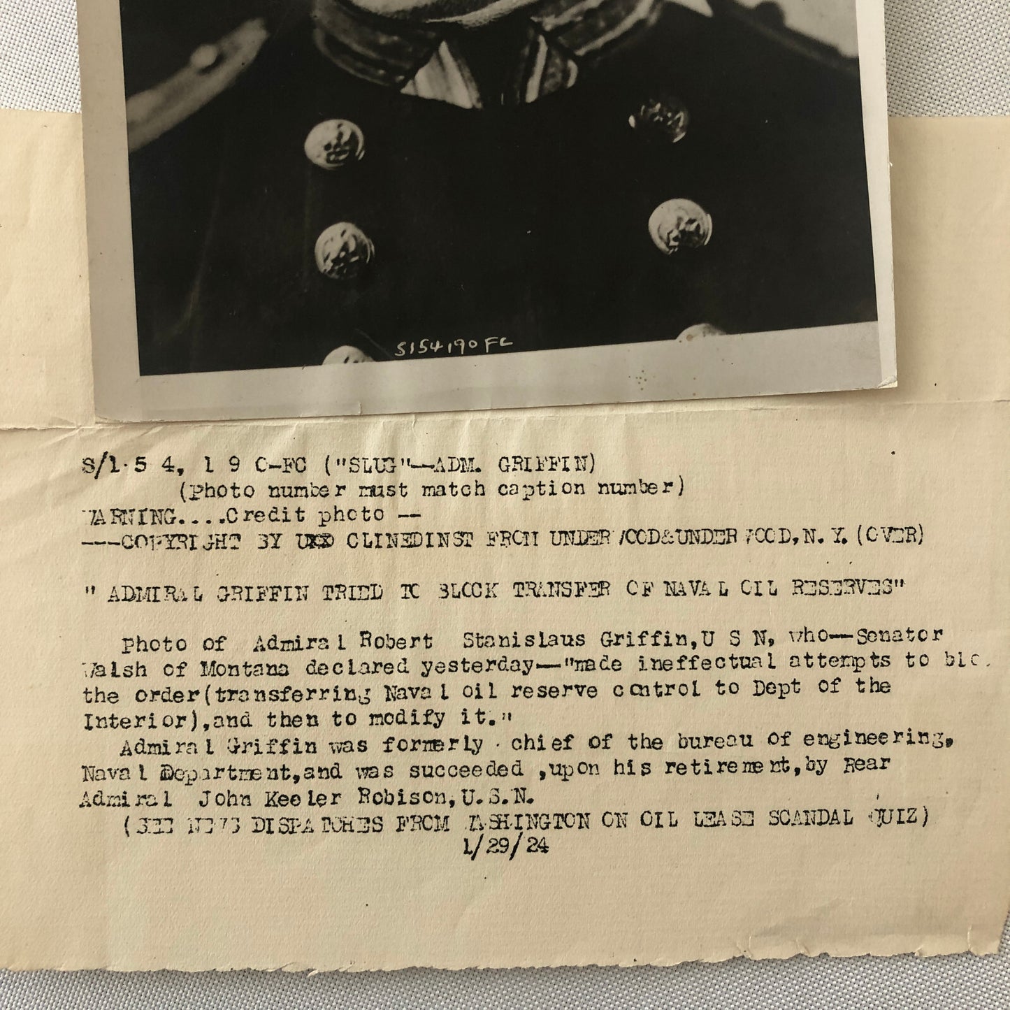 Press Photo Photograph Navy Admiral Robert Stanislaus Griffin 1924 Portrait