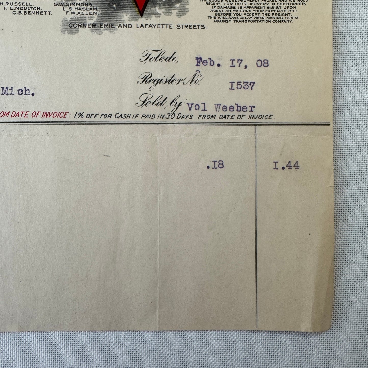 Standart Simmons Hardware Keen Kutter Receipt Letterhead Document 1908 Antique