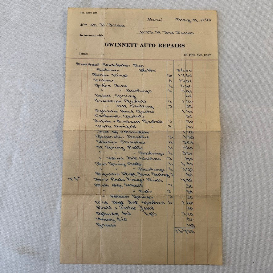 1928 Car Repair Shop Invoice Receipt Document Gwinnett Auto Repairs Montreal
