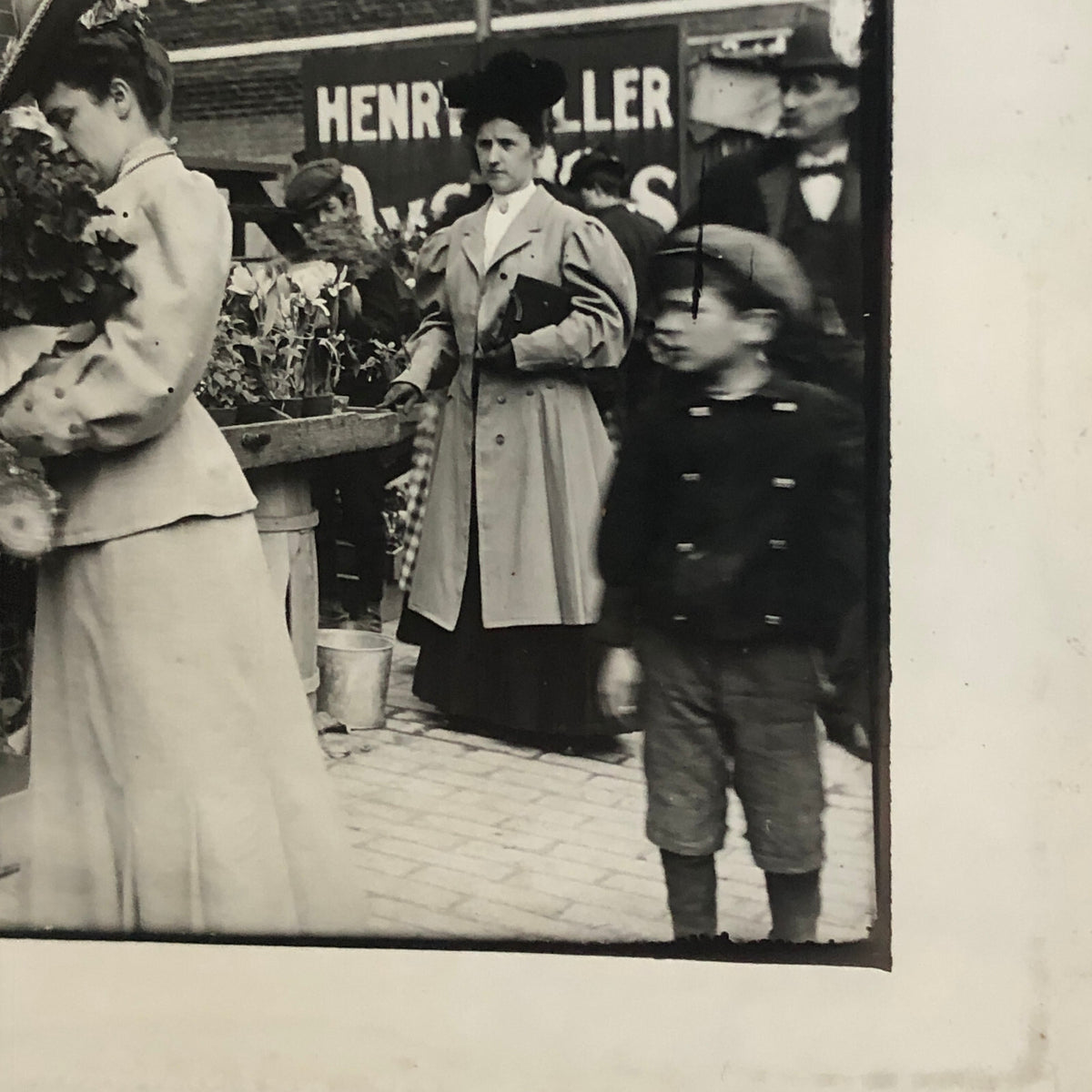 Antique Glass Plate Lantern Slide Photo Man Woman Child in Market Beard