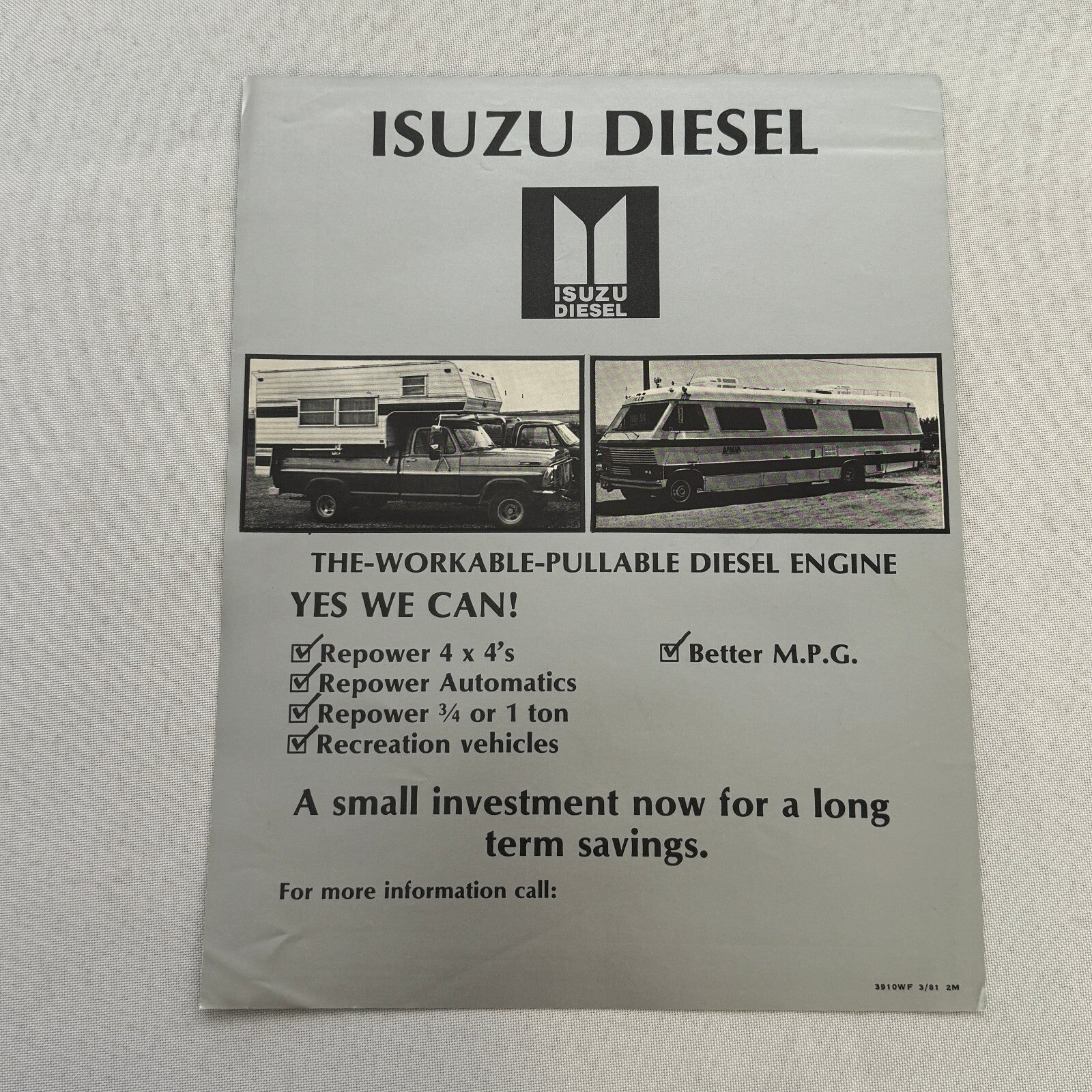 Isuzu Diesel Engine Sales Sheet Brochure Vintage Motorhome RV Camper Truck QD