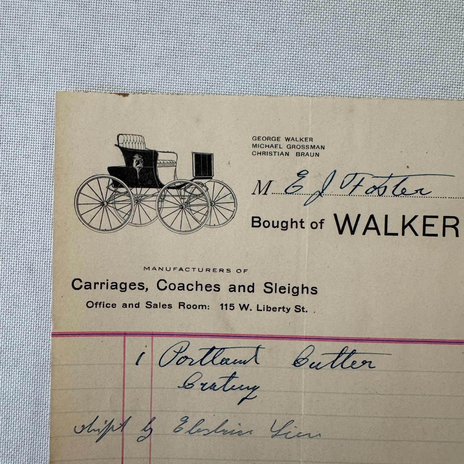 Walker and Company Receipt Letterhead Document 1908 Carriage Sleigh Ann Arbor MI