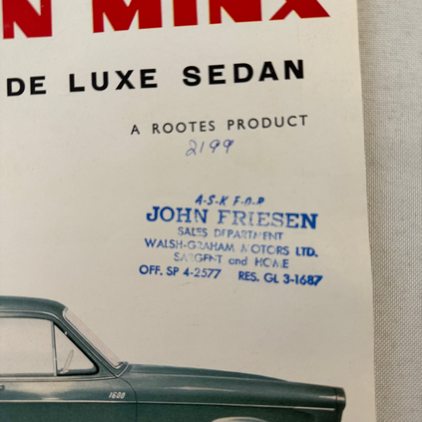 Hillman Minx De Luxe Sedan Car Sales Brochure Catalog Advertising Vintage