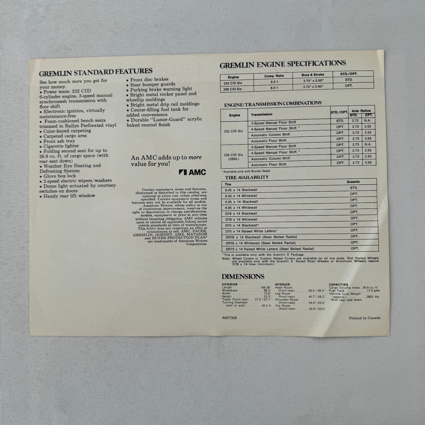 1977 AMC American Motors Gremlin Sales Sheet Brochure Vintage Car Advertising 