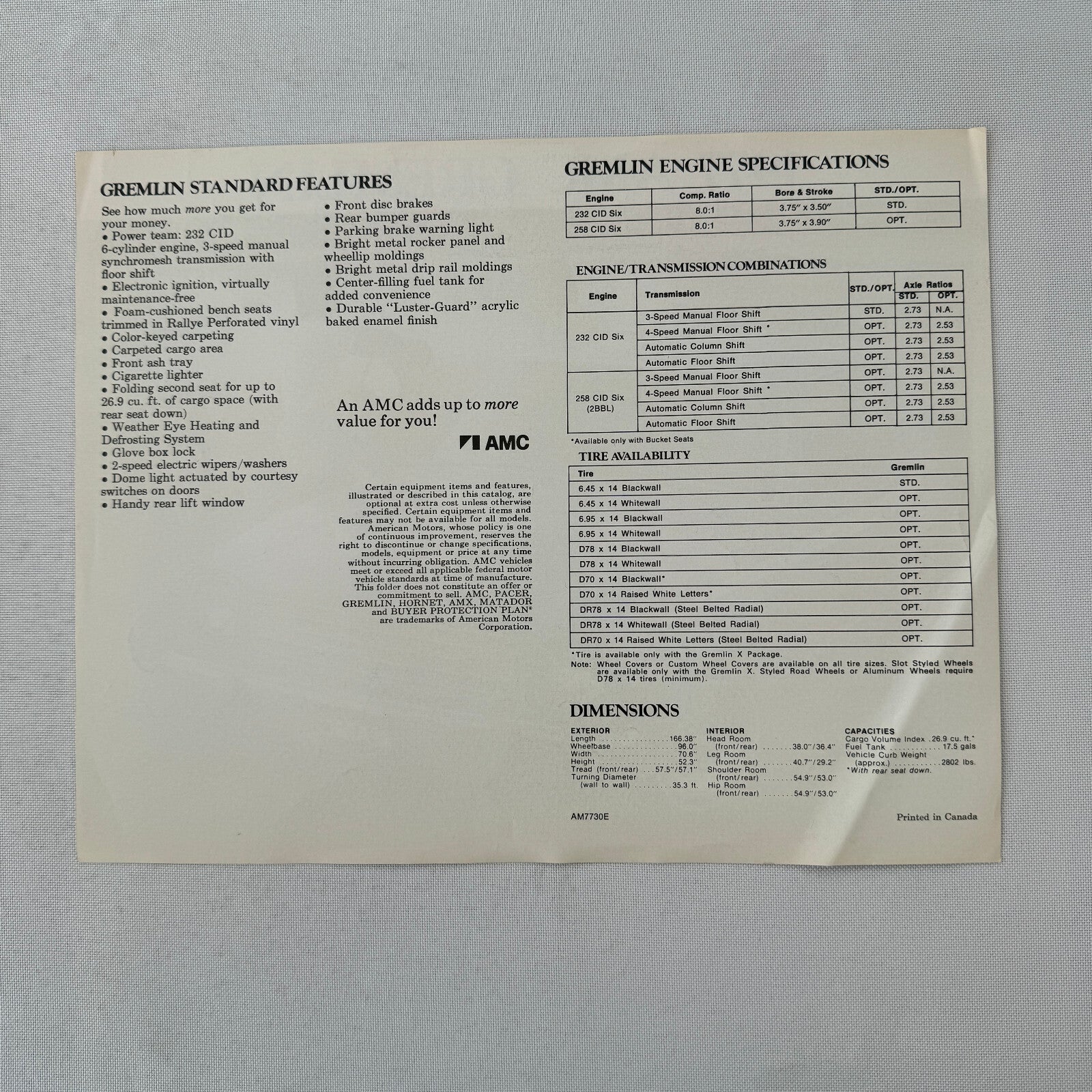 1977 AMC American Motors Gremlin Sales Sheet Brochure Vintage Car Advertising 