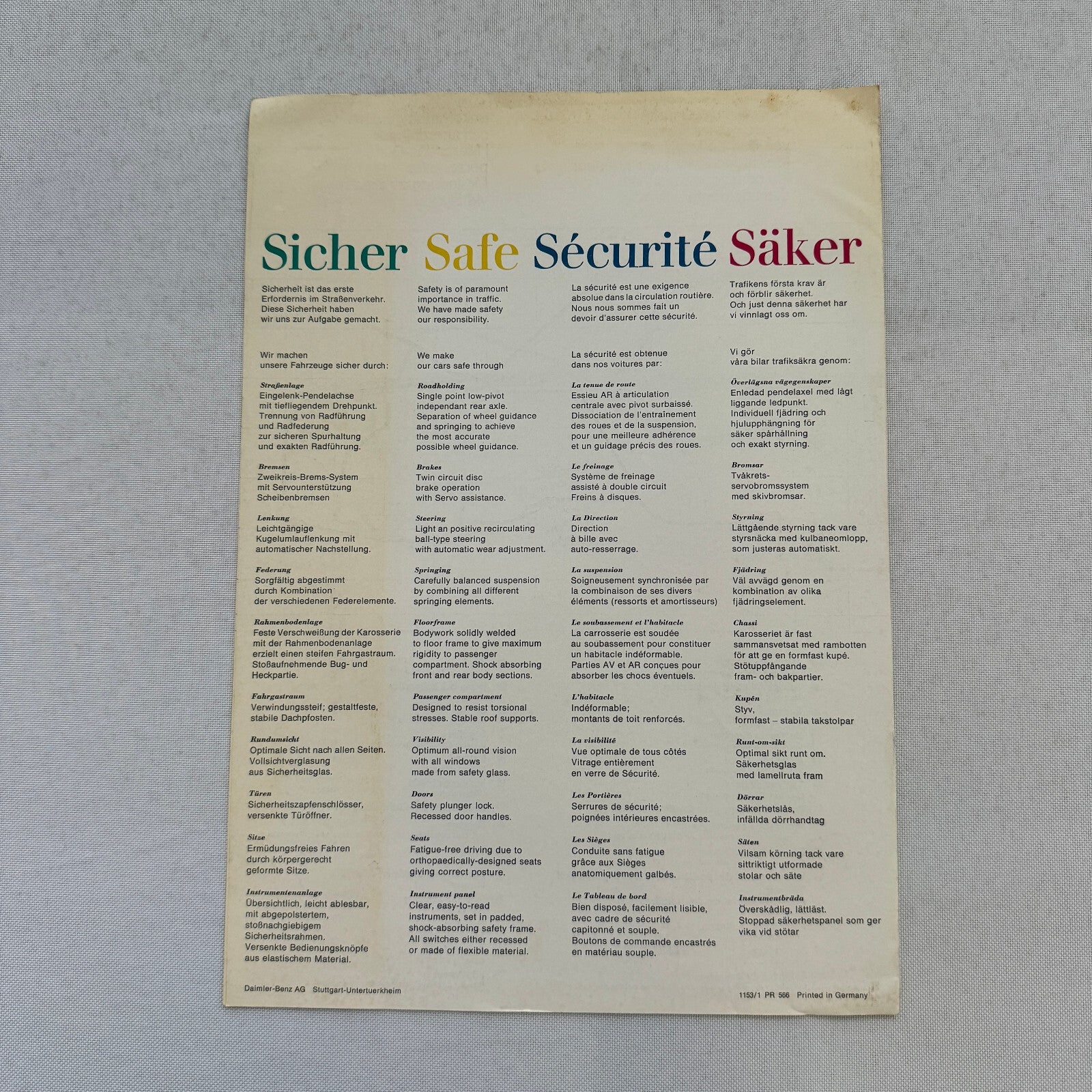 Mercedes Benz Safety Feature Sales Brochure Catalog Advertising European Market