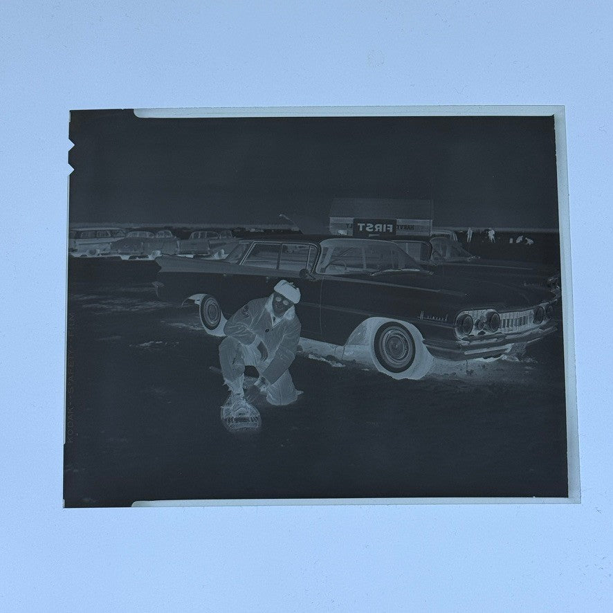 Vintage Oldsmobile Car in Snow Photo NEGATIVE with Print Automobile Photograph