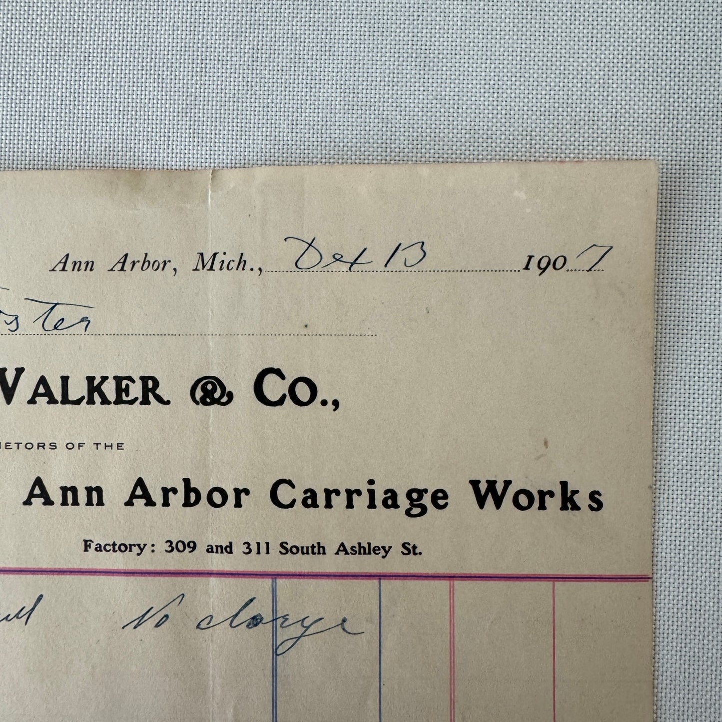 1907 Walker and Company Ann Arbor Carriage Works Receipt Letterhead Document