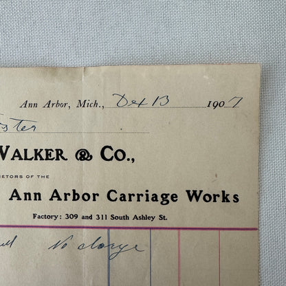 1907 Walker and Company Ann Arbor Carriage Works Receipt Letterhead Document