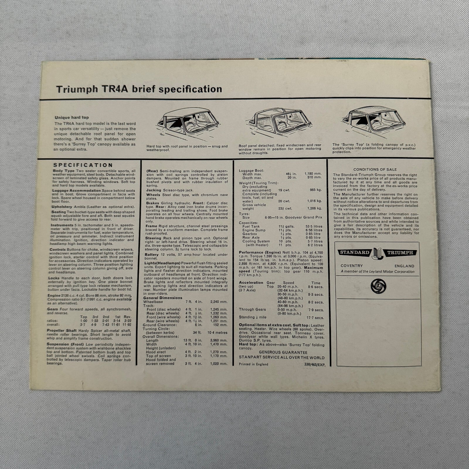 Triumph TR4A Sports Car Roadster Sales Brochure Catalog Advertising TR4 A