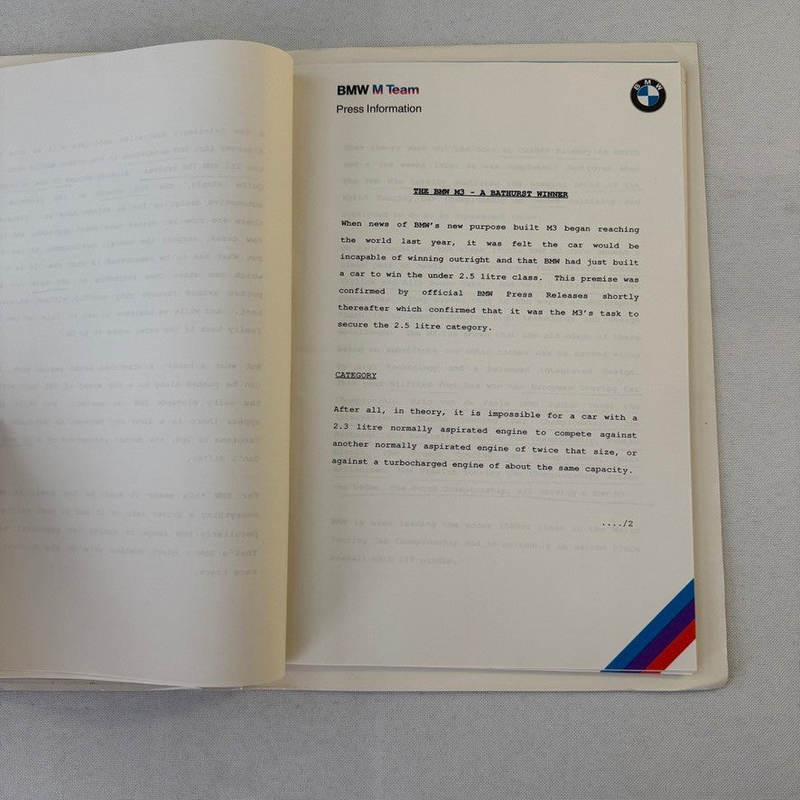 1987 BMW Motorsport John Player Special Racing Team Press Kit Brochure Photos