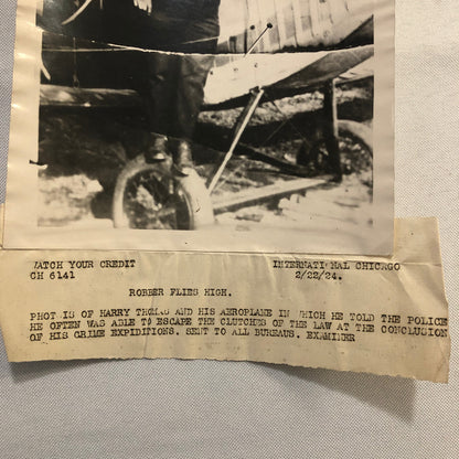 Press Photo Photograph Robber Escapes by Plane Airplane 1924 Chicago