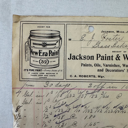 Jackson Paint and Wall Paper Company Michigan 1908 Receipt Document Invoice