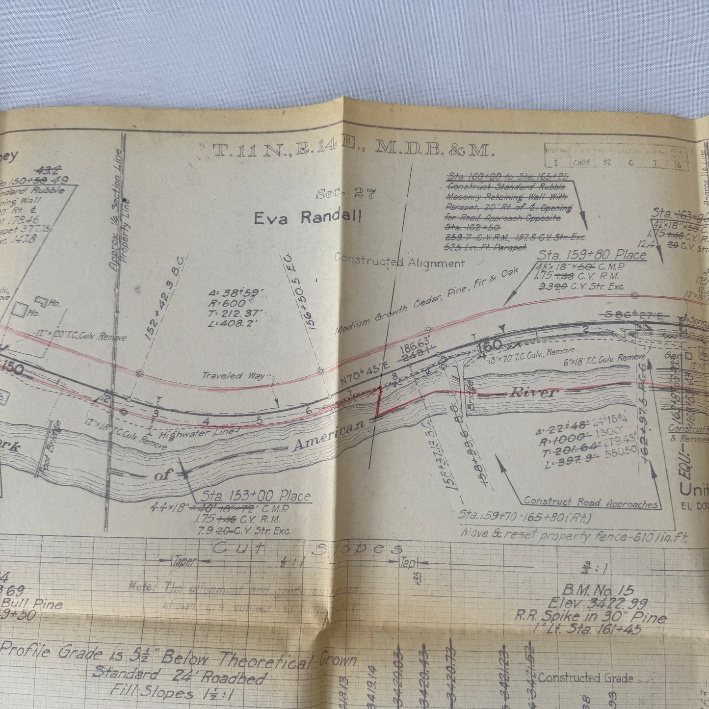 1931 California Highway Dept “As Built” Road Plan Map Blueprint T11N R14E MDB&M