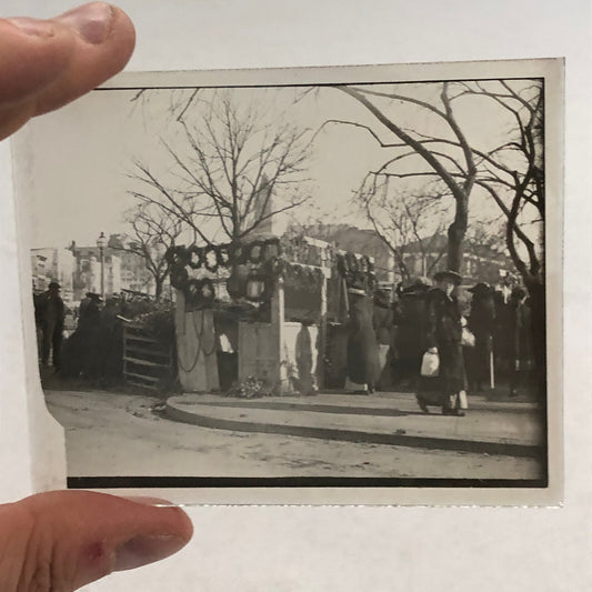 Antique Glass Plate Lantern Slide Photo People in Market with Plants Wreath