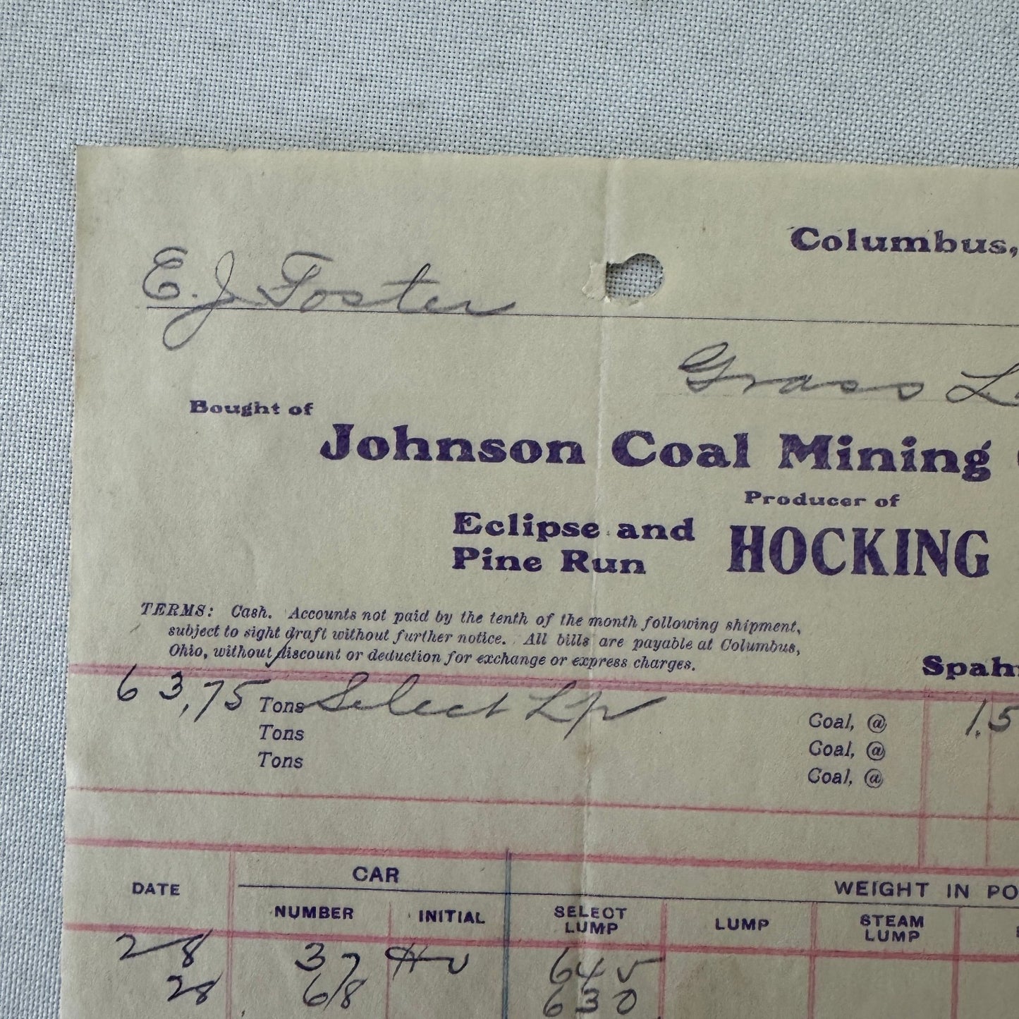 Johnson Coal Mining Company Receipt Invoice Document Letterhead 1908 Columbus OH